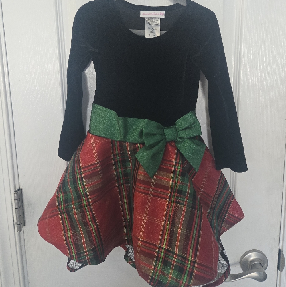 Bonnie Jean Christmas Black and Red Plaid Dress with Green Bow 3t